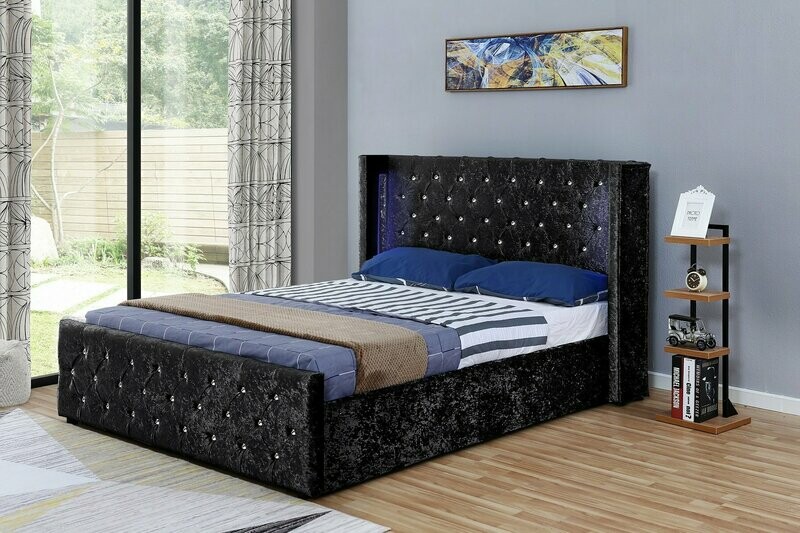 Eliza Black Crushed Velvet LED Ottoman King Bed