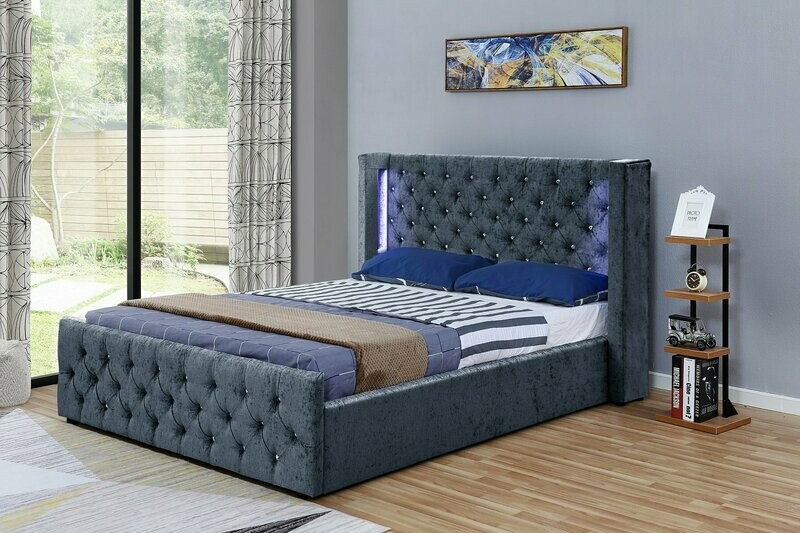 Eliza Charcoal Crushed Velvet LED Ottoman Double Bed