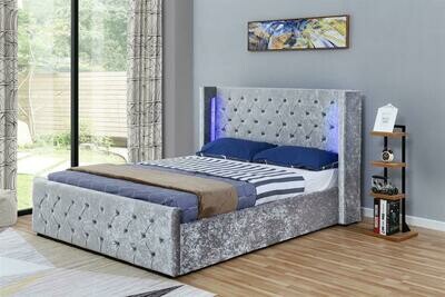 Eliza Silver Crushed Velvet LED Ottoman King Bed