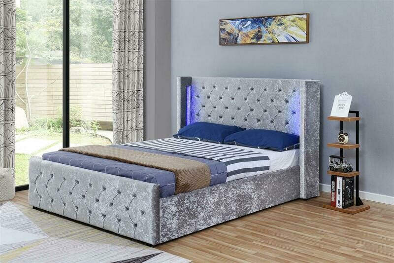 Eliza Silver Crushed Velvet LED Ottoman Double Bed