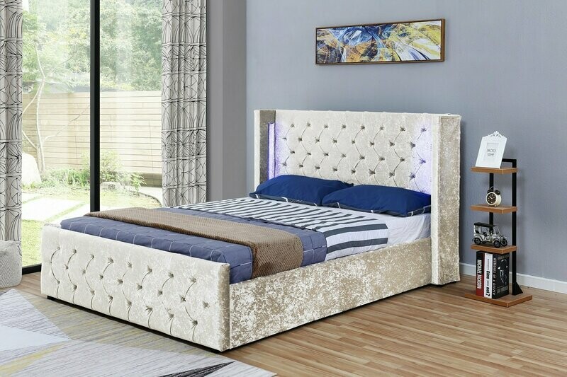 Eliza Champagne Crushed Velvet LED Ottoman Double Bed