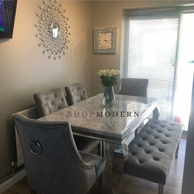 Laveda 150cm Grey Marble Dining Table + Canterbury Grey Chairs