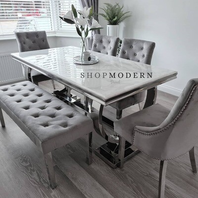 Giovanna 180cm White & Grey Marble & Canterbury Dining Table Set