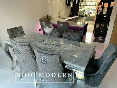 Laveda 180cm Light Grey Marble Dining Table + Quilted Knocker Lion Chairs Laveda 180cm Light Grey Marble Dining Table + Quilted Knocker Lion Chairs