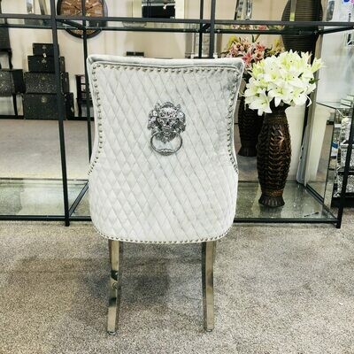 Avery Quilted Light Silver Grey VELVET Chrome Leg Lion Knocker Dining Chair