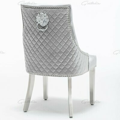 Abbey Quilted Silver Grey VELVET Chrome Leg Lion Knocker Dining Chair