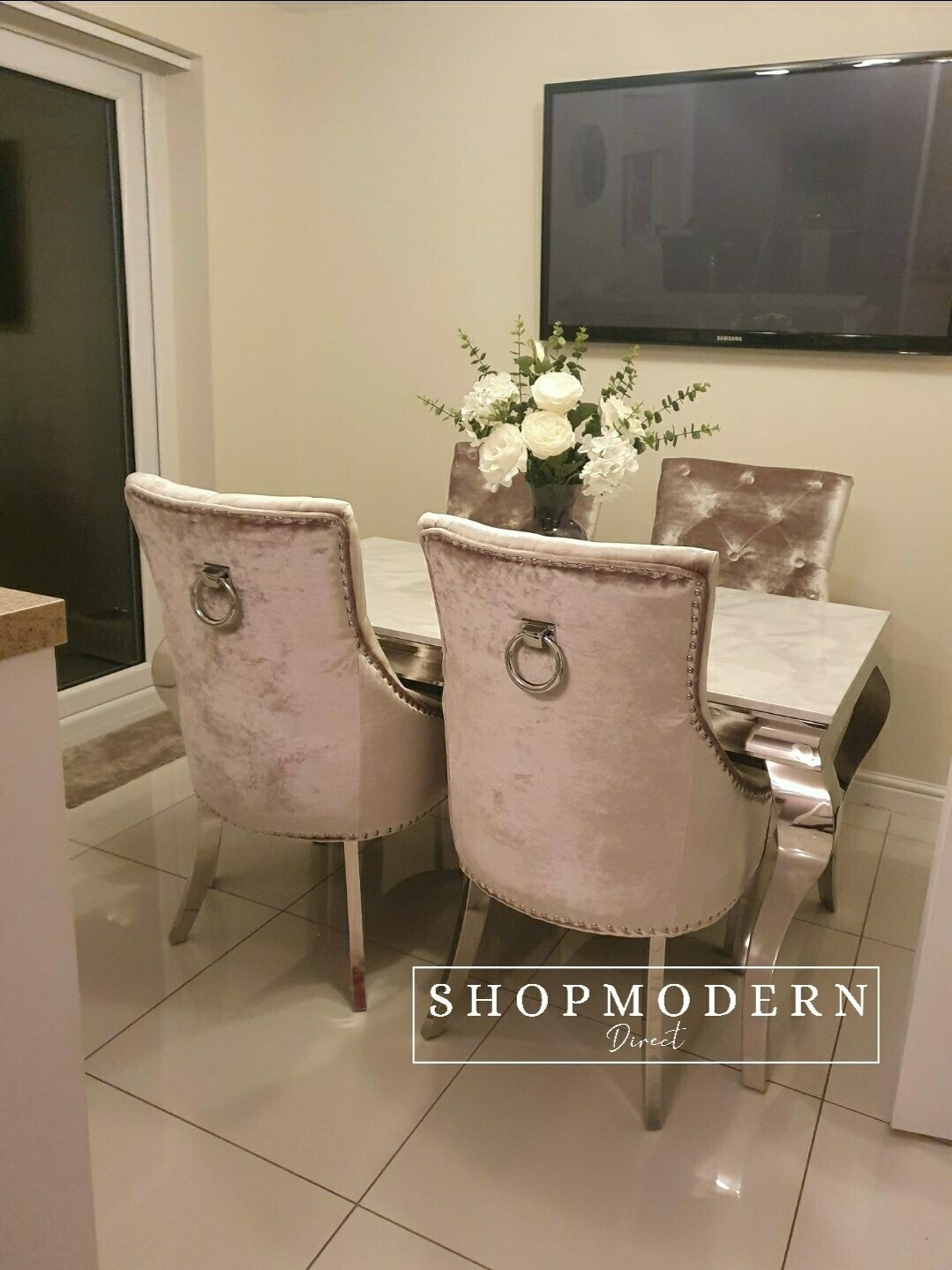Laveda 140cm White & Grey Marble Dining Table + Belle Velvet Chairs