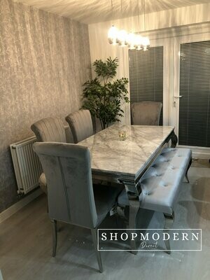 Laveda Grey Marble 160cm Dining Table + Nicole Silver Velvet Dining Chairs