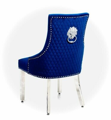 Avery Luxury Quilted Navy VELVET Chrome Leg Lion Knocker Dining Chair