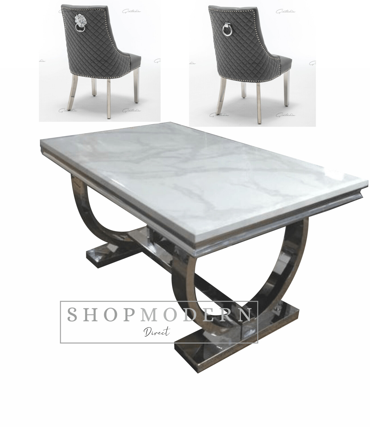 Giovanna 180cm White Marble & Grey Faux Leather Dining Table Set
