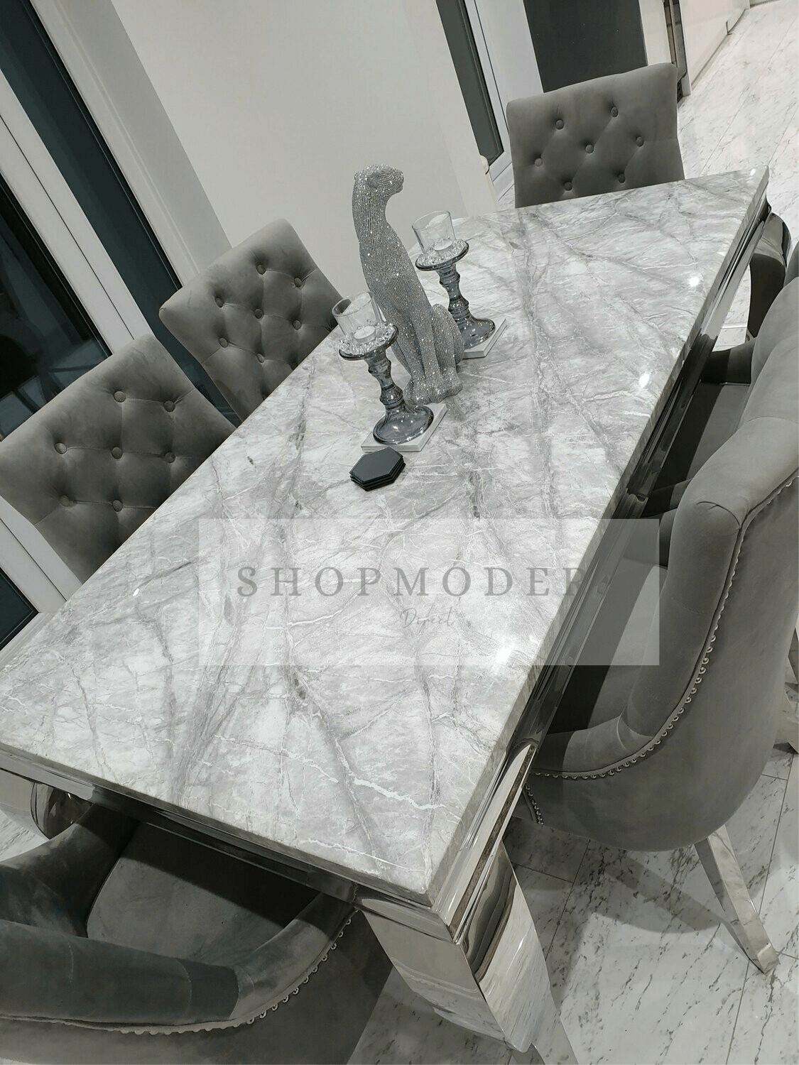 Laveda 200cm Light Grey Marble Dining Table + Canterbury Velvet Chairs