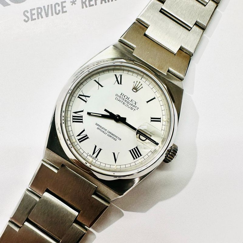 STUNNING White Buckley Roman Dial Mens 36MM Oysterquartz Ref# 17000 circa 1980
