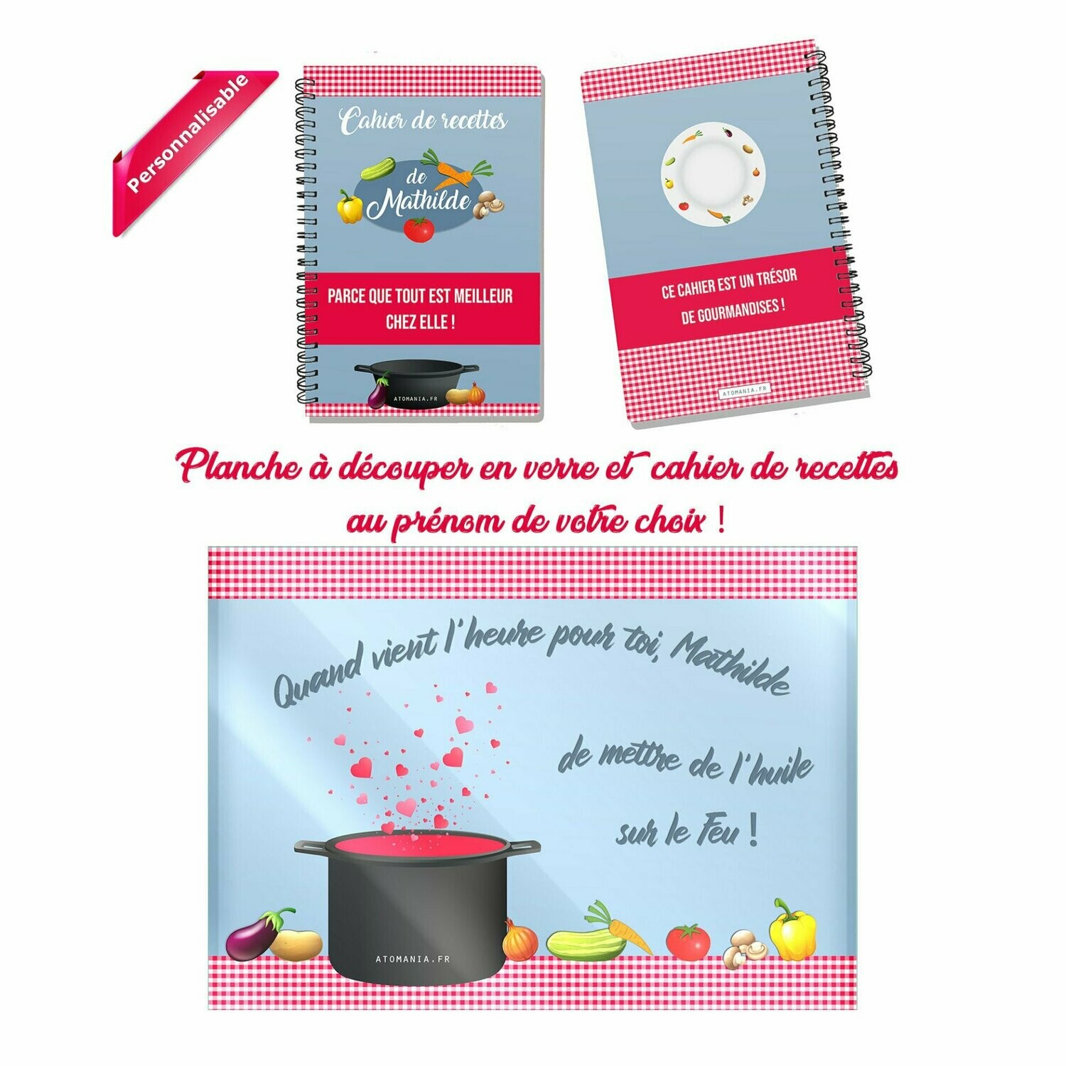 Quand vient l’heure pour toi de mettre de l’huile sur le feu ! Planche à découper personnalisable et son cahier de recettes