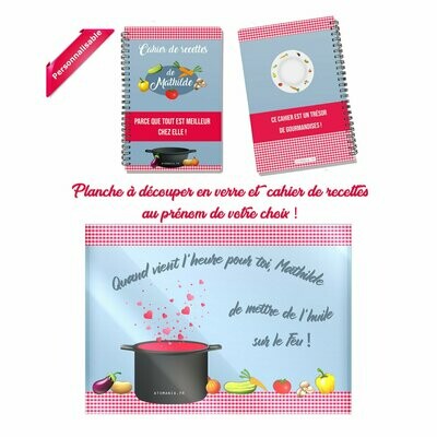 Quand vient l’heure pour toi de mettre de l’huile sur le feu ! Planche à découper personnalisable et son cahier de recettes