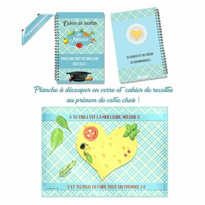 Ta table est la meilleure, et tu peux en faire tout un fromage ! Planche à découper personnalisable et son cahier de recettes