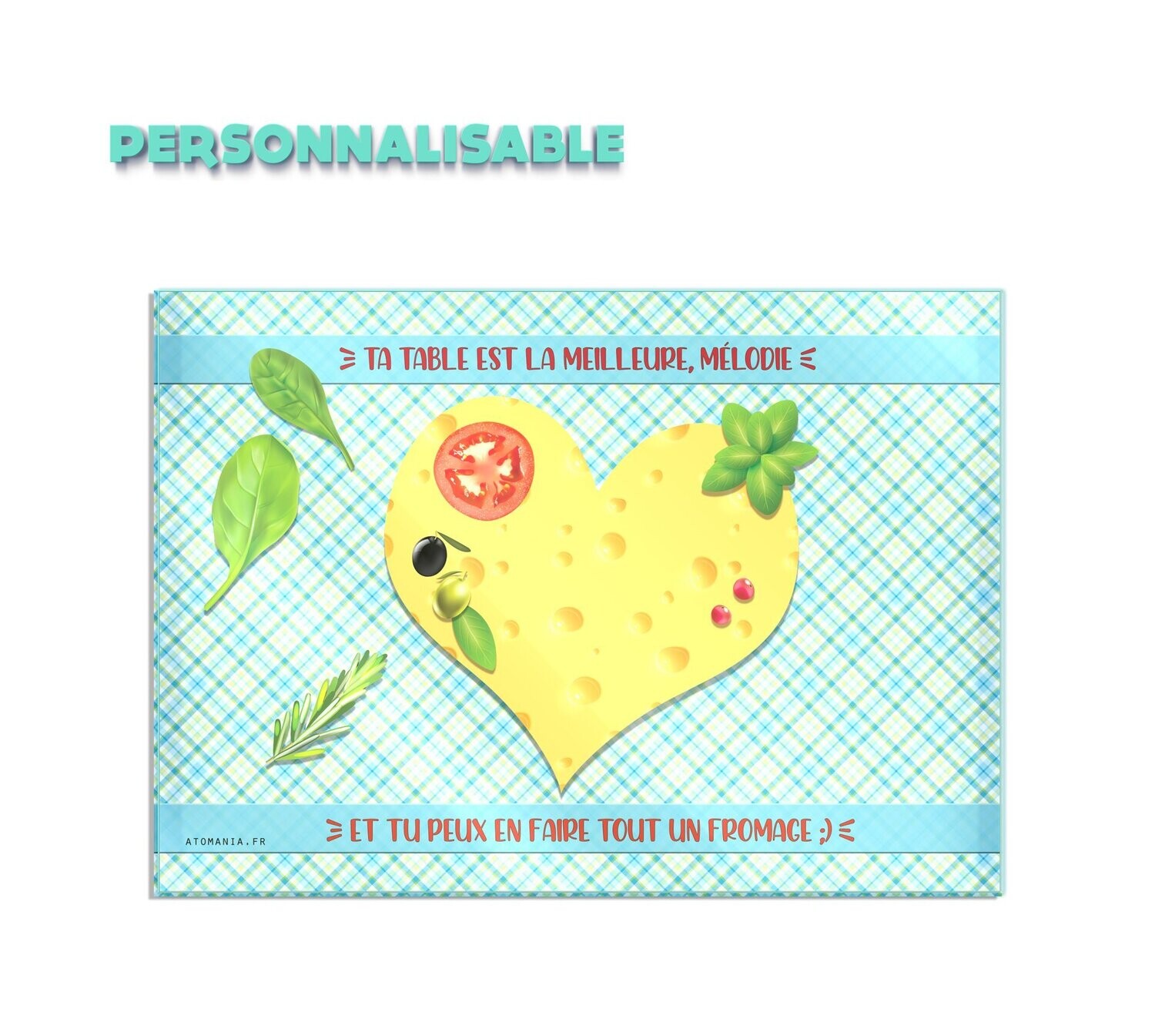 Ta table est la meilleure, et tu peux en faire tout un fromage ! Planche à découper personnalisable Atomania en verre trempé
