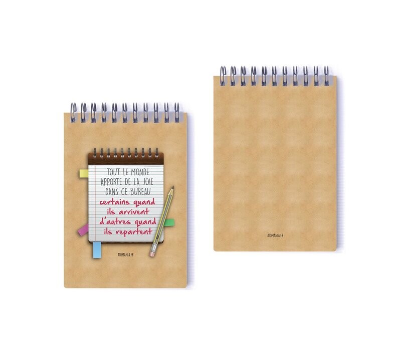 Carnet Atomania : Tout le monde apporte de la joie dans ce bureau ! 10,5 x 14,5 cm, couvertures rigides, 60 pages lignées, beige.