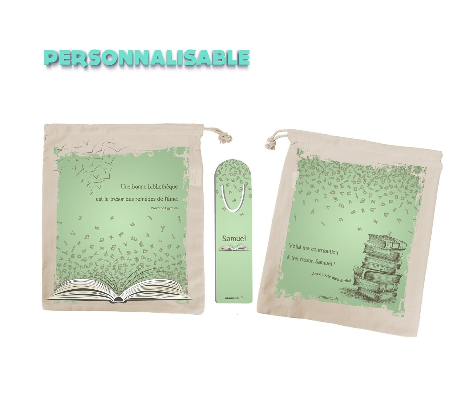 Sac à livre personnalisé Atomania avec marque-pages assorti, pour les amoureux de la lecture et des livres