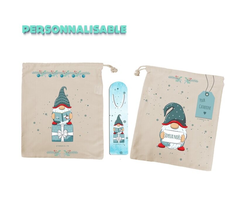 Sac à livre et marque-pages personnalisables, cadeau unique pour ami(e), illustrations adorables de gnomes, qualité artisanale