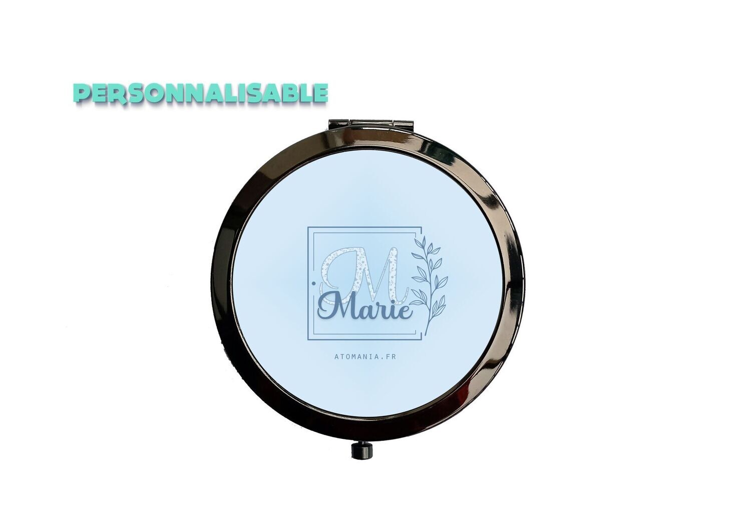 Miroir poche Initiale bleu, personnalisation prénom, métal noir, diamètre 7cm, fabrication française, Atomania