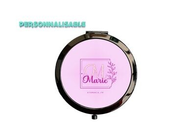 Miroir poche Initiale rose, personnalisation prénom, métal noir, diamètre 7cm, fabrication française, Atomania