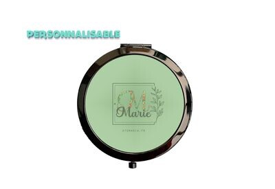 Miroir poche Initiale vert, personnalisation prénom, métal noir, diamètre 7cm, fabrication française, Atomania