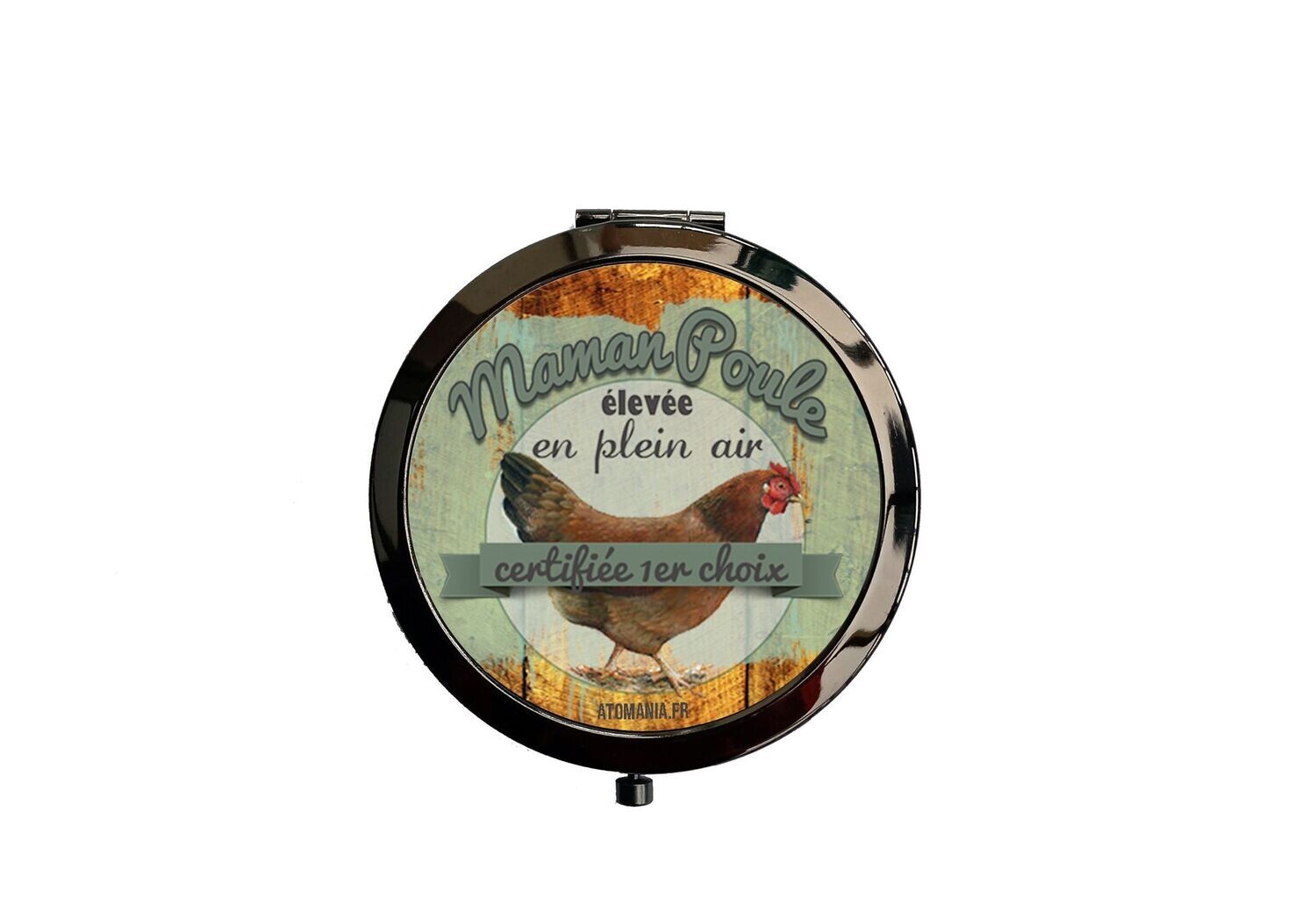 Miroir de poche maman poule certifiée 1er choix, design humoristique, dimensions 7cm, fabrication artisanale française
