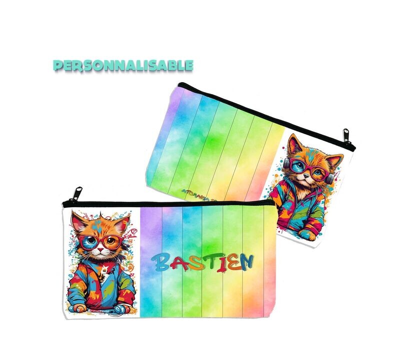 Trousse Personnalisable Trousse Personnalisable "Chat Alors !, Atomania" - Accessoire Scolaire Original pour Enfants avec Design Graffiti de Chats Colorés et Personnalisation du Prénom