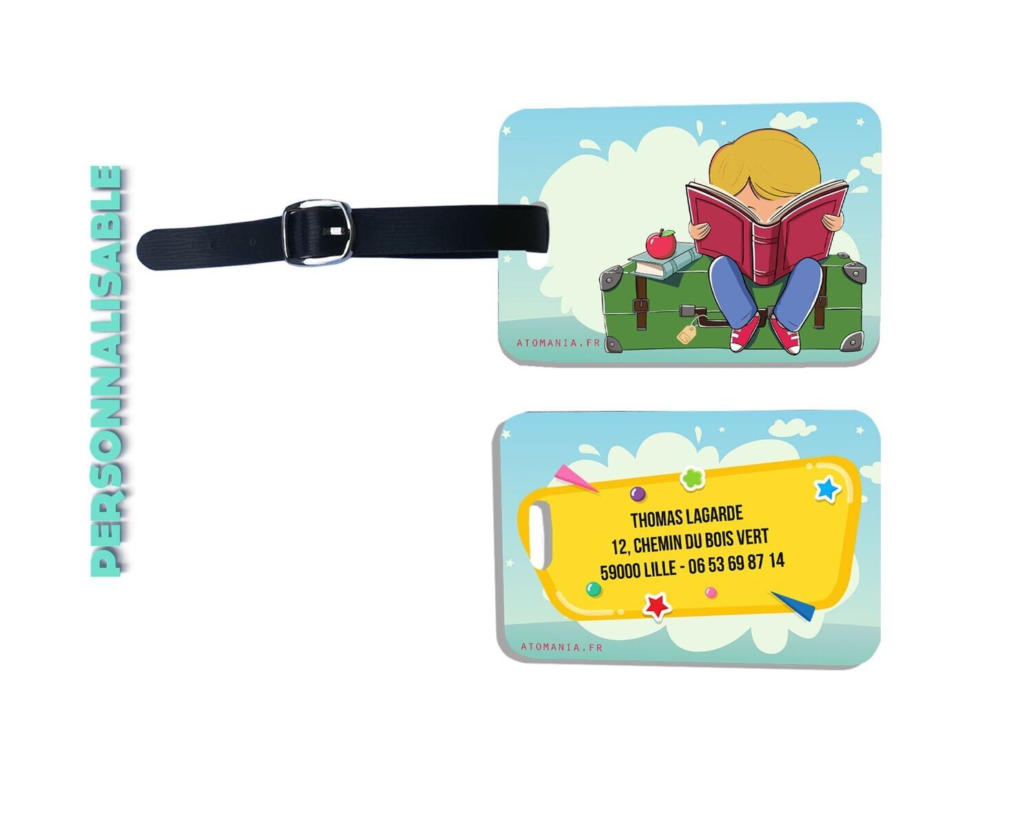 Étiquette de bagage pour enfant atomania : personnalisée, ludique & pratique, idée de cadeau parfaite