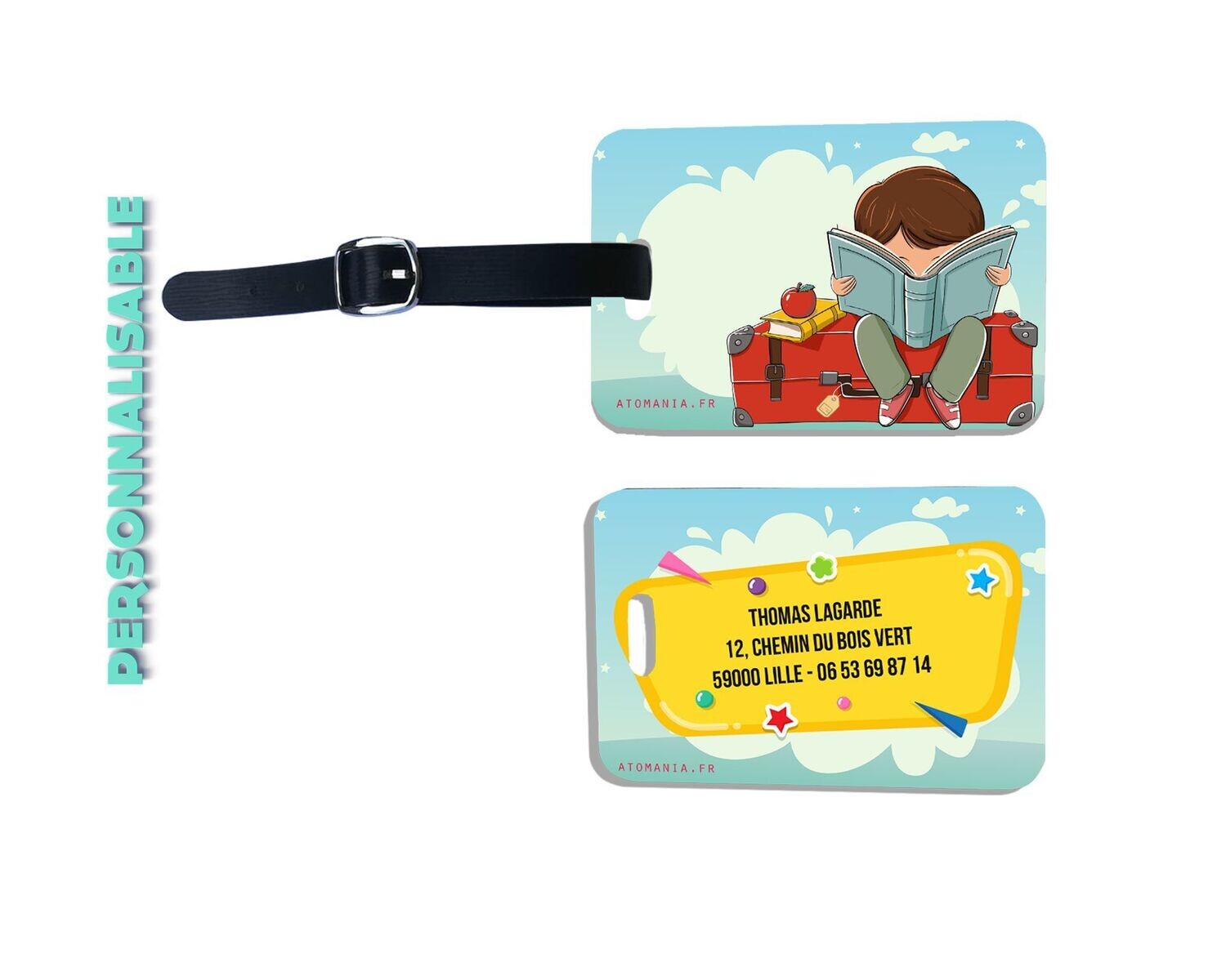 Étiquette de bagage pour enfant Atomania : personnalisation, qualité artisanale, cadeau parfait pour les aventuriers en herbe