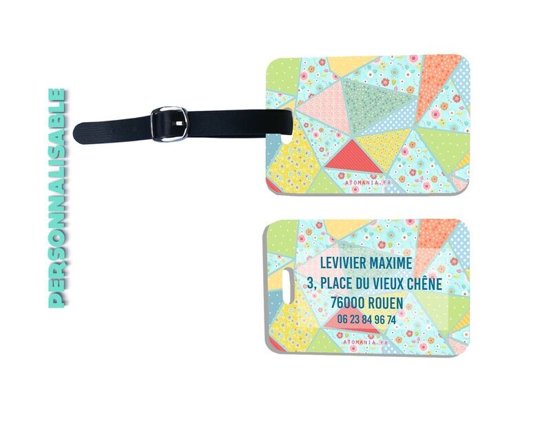 Étiquette de bagage 'Patchwork' d'Atomania : personnalisable, qualité artisanale française.