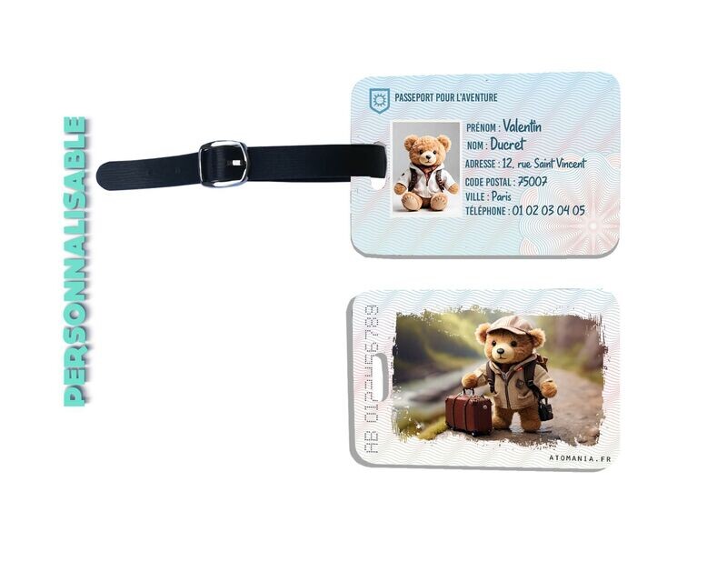 étiquette de bagage personnalisable pour enfant, Tu pars à l’aventure mon nounours : design aventurier, personnalisation