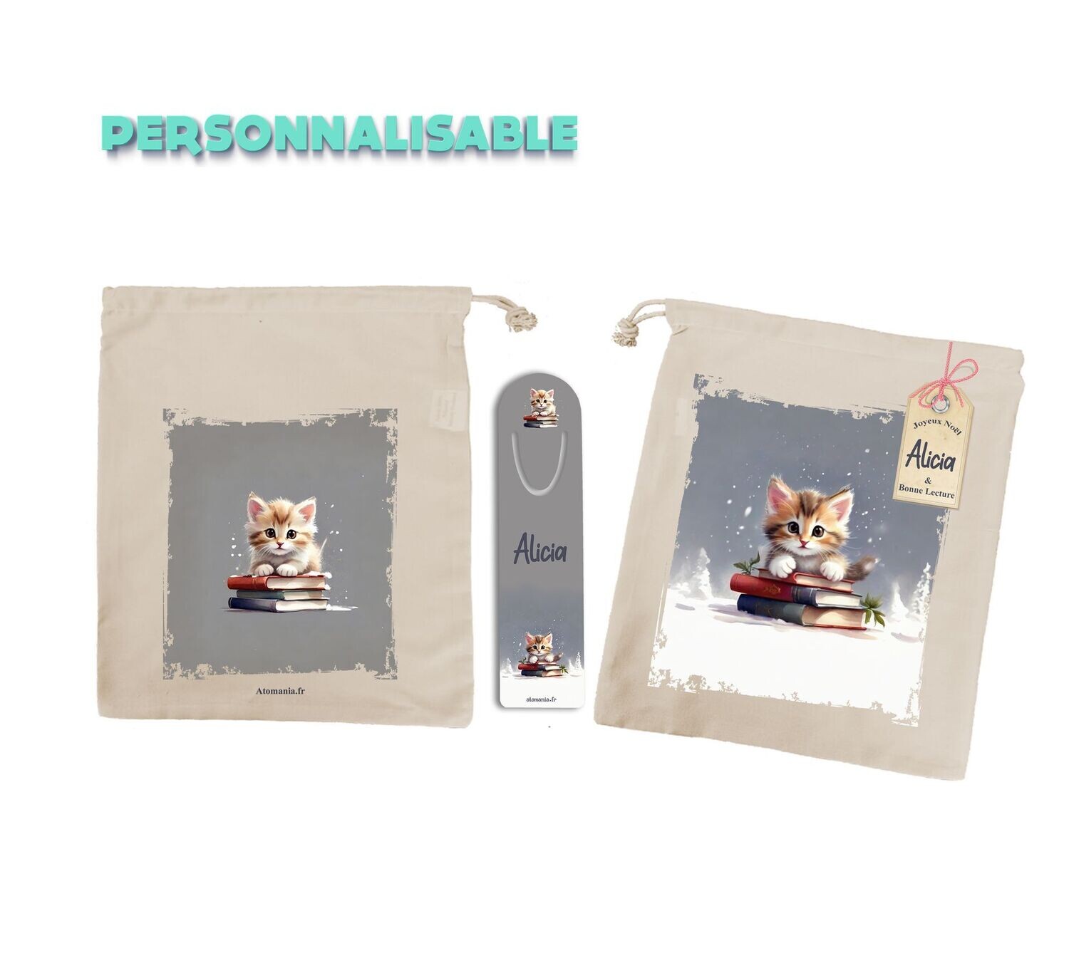 Sac à livre adorable avec marque-pages personnalisables, illustrations de chats, qualité artisanale, Atomania