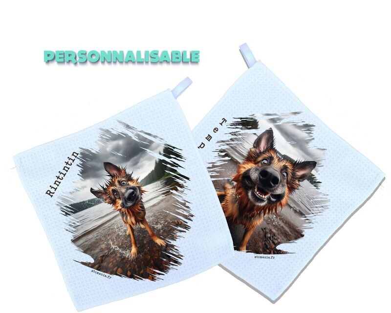 Serviettes personnalisables 'Rintintin' Berger Allemand – Séchage doux pour animaux, imprimé rigolo, artisanat français, lot de 2, idéal soin et confort, Atomania