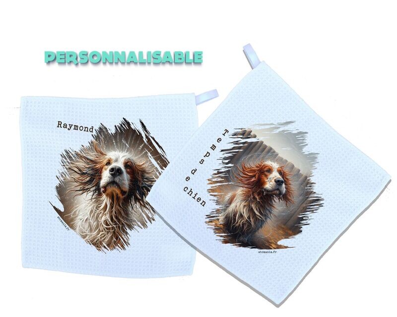Serviettes Personnalisables 'Raymond' Setter – Séchage et soin, lot de 2, design unique, artisanat français pour animaux de compagnie, Atomania