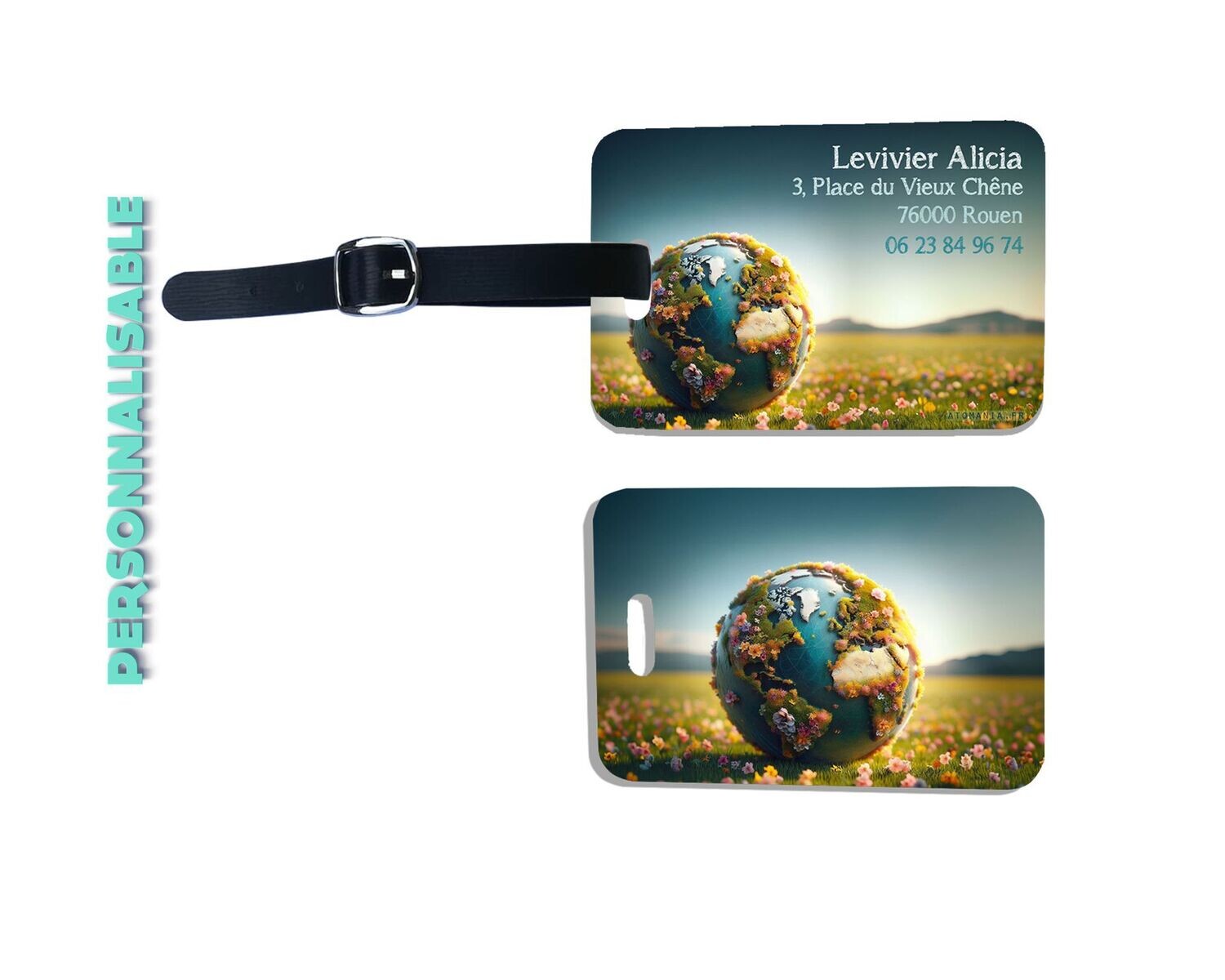 Étiquette de bagage personnalisable World d’Atomania : idéale pour globe-trotters et amoureux de la nature.