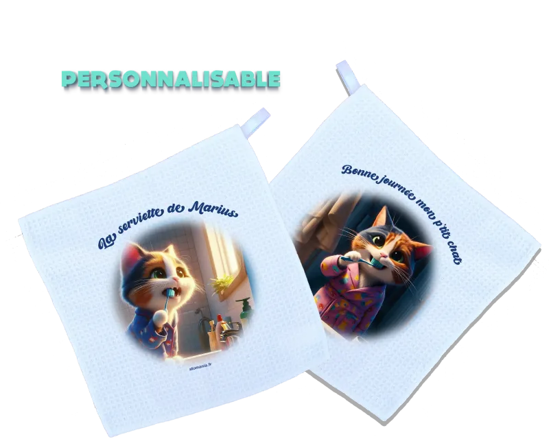 Essuie-mains personnalisables 'Mon p'tit chat' Atomania – Serviettes ludiques et éducatives pour enfants, fabrication artisanale, Atomania