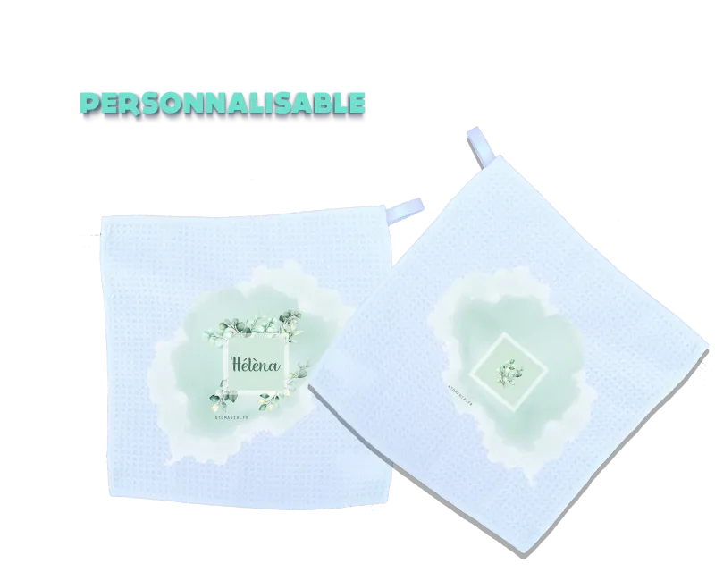 Serviettes d'invités personnalisables Atomania – Design feuillage aquarelle avec prénom, lot de 2, accueil chaleureux et élégant, fabrication artisanale en France, Atomania