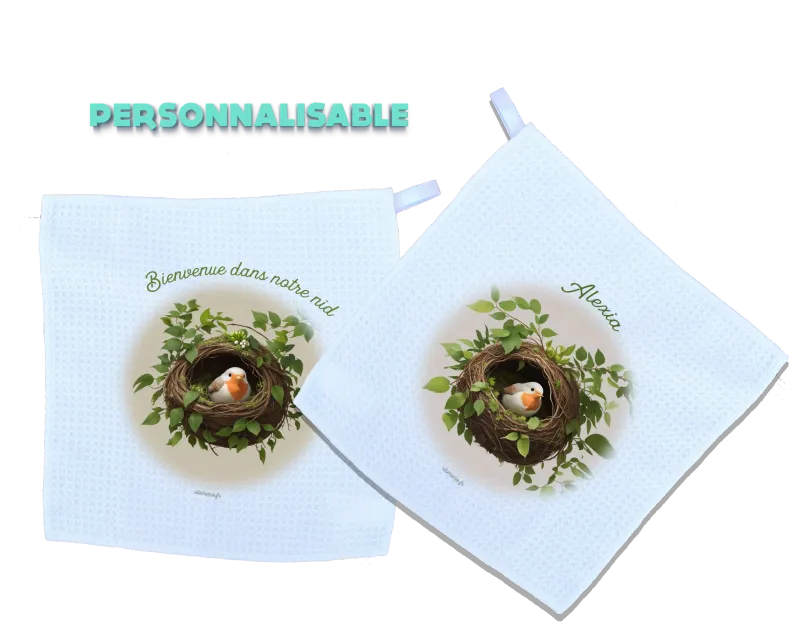 Serviettes d'invités personnalisables Atomania – Design Rouge-gorge, accueil chaleureux avec prénom, fabrication artisanale en France, Atomania