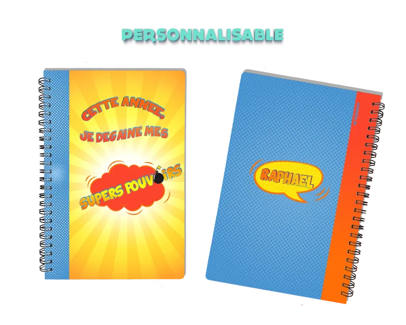 Cahier enfant personnalisable super-héros, design aventureux, A5, 60 pages, couverture rigide étanche, cadeau créatif, fait main en France