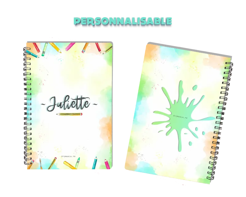 Cahier à spirale personnalisable aquarelle, design crayons de couleurs, couverture rigide étanche, cadeau unique créatif, dimensions A5, 60 pages, pratique et inspirant