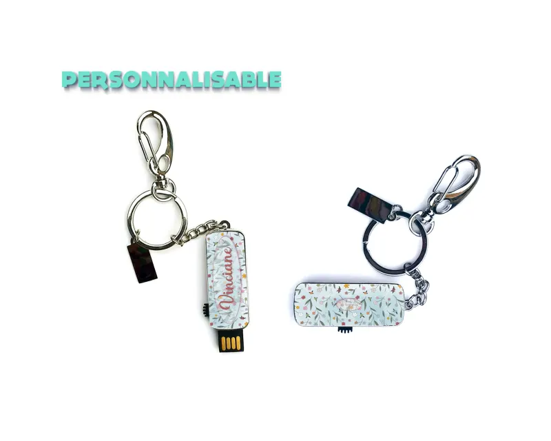 Clé USB Fleurs personnalisable 16 Go - Cadeau original et pratique avec motif floral chic, fabriquée en France, porte-clé en métal