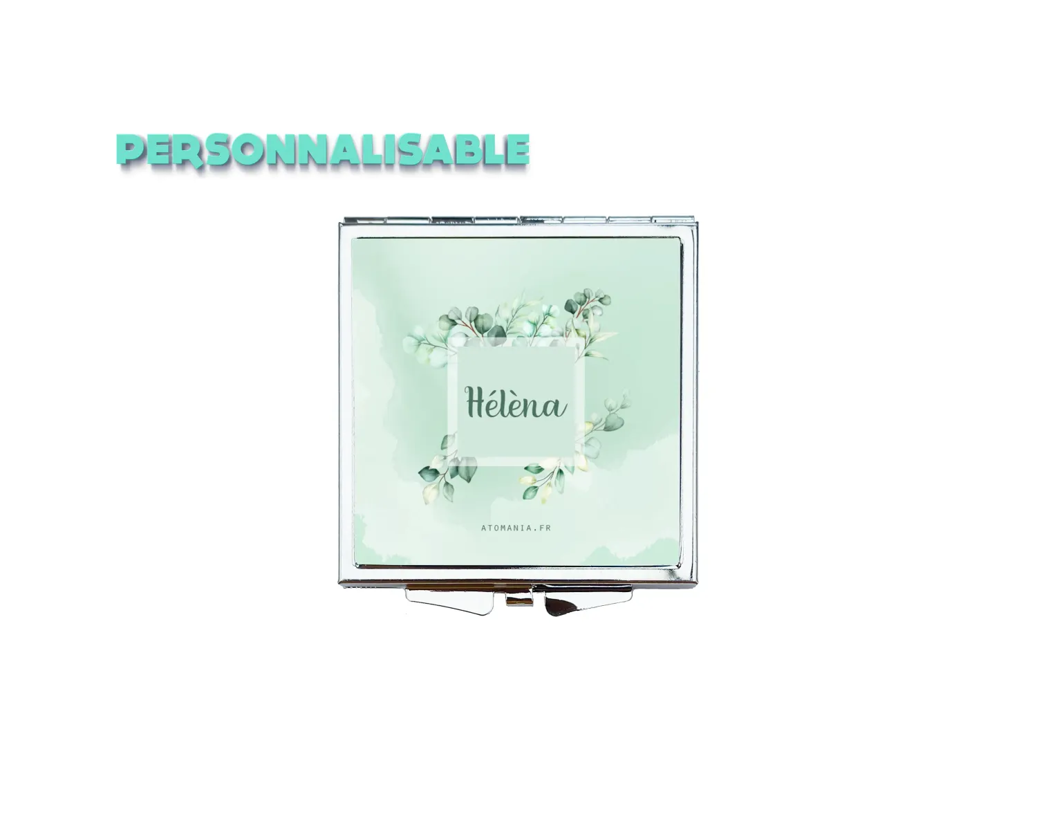 Offrez un cadeau raffiné : le Miroir de Sac Personnalisable Feuillage d'Atomania, un accessoire élégant aux tons verts pastel apaisants