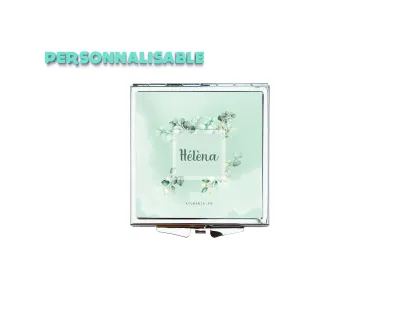 Offrez un cadeau raffiné : le Miroir de Sac Personnalisable Feuillage d'Atomania, un accessoire élégant aux tons verts pastel apaisants