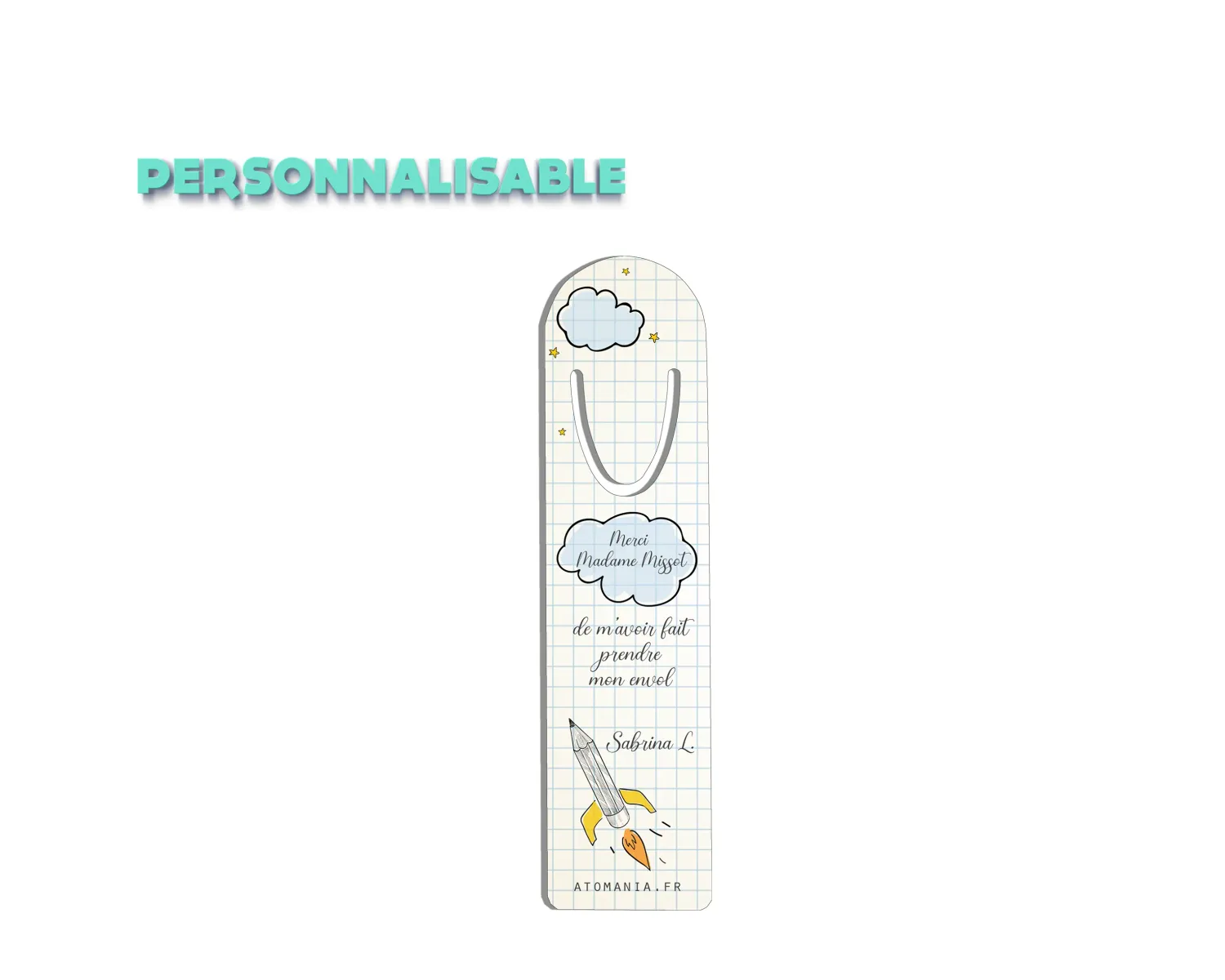 Marque-page personnalisable Atomania, gratitude envers l'enseignant, message inspirant, pochette cadeau incluse