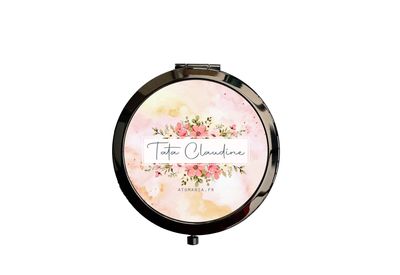 Miroir de Poche Personnalisable en Métal Noir – Design Poétique avec Couronne de Fleurs Aquarelle
