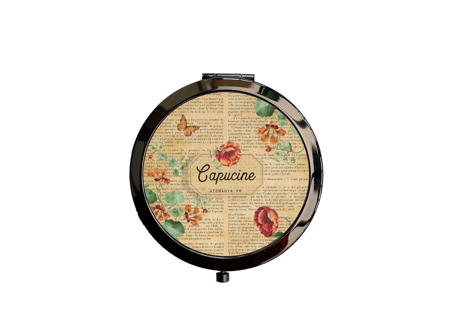 Miroir de Poche Personnalisable en Métal Noir – Design Rétro avec Fleurs de Capucines