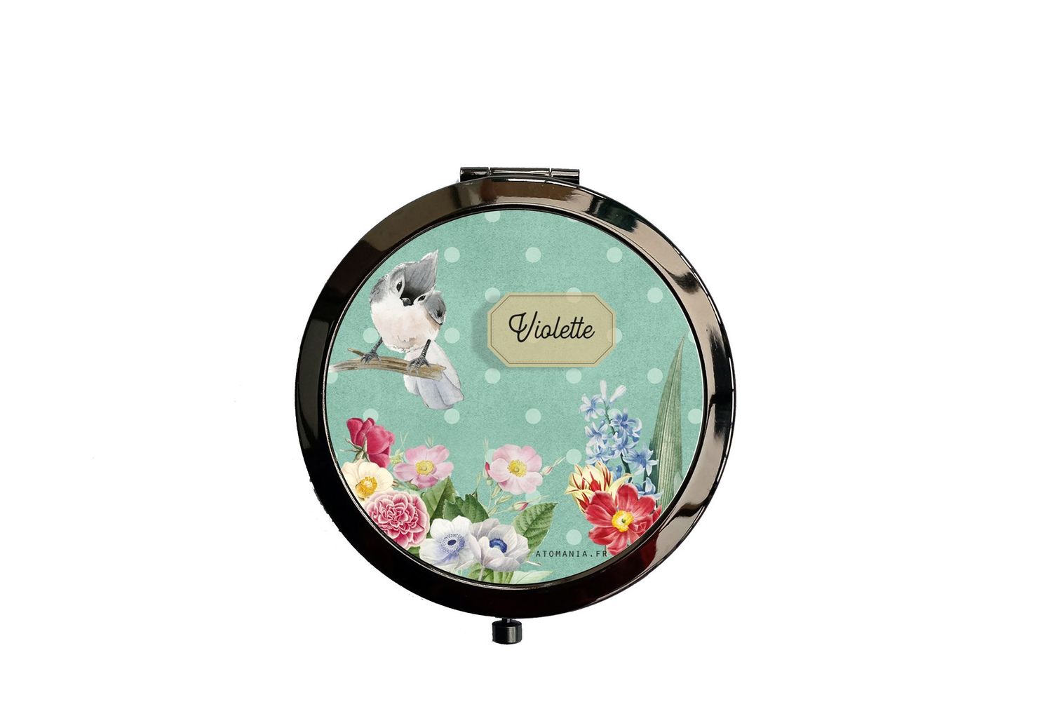 Miroir de Poche Personnalisable en Métal Noir – Design Rétro Vintage
