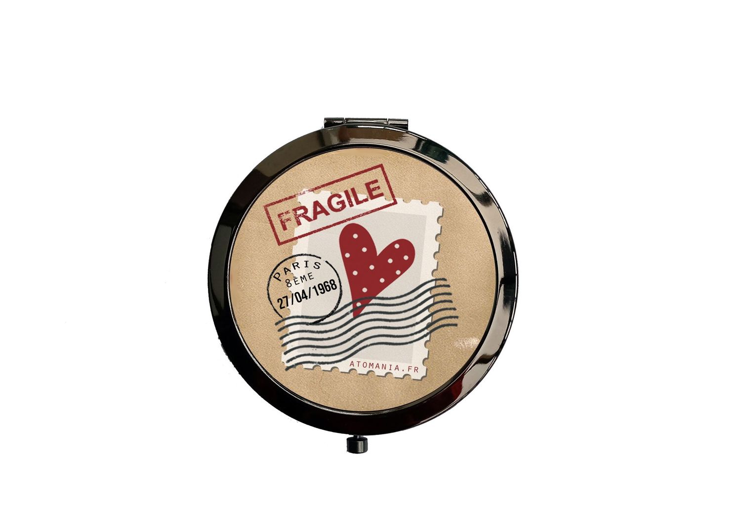 Miroir de Poche Personnalisable en Métal Noir – Design Cœur Fragile Inspiré d’un Timbre Postal Ancien