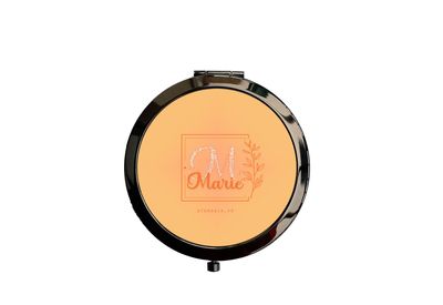 Miroir de poche personnalisable en métal noir – Design élégant avec note florale et initiale imprimée sur fond orange